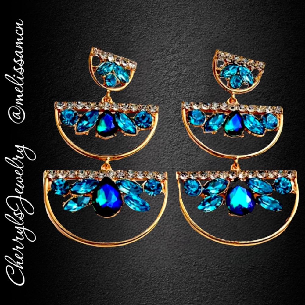 Turquoise Blue Fun Funky Crystal Standout Chandelier Earrings - Picture 2 of 5